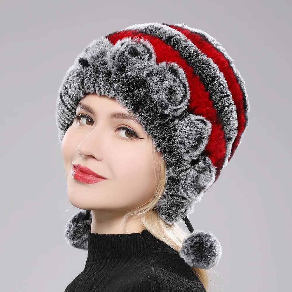 

Natural Soft Knitted Rex Rabbit Fur Hat Russia Women Winter 100% Genuine Rex Rabbit Fur Caps Lady Warm Real Rex Rabbit Fur Hats