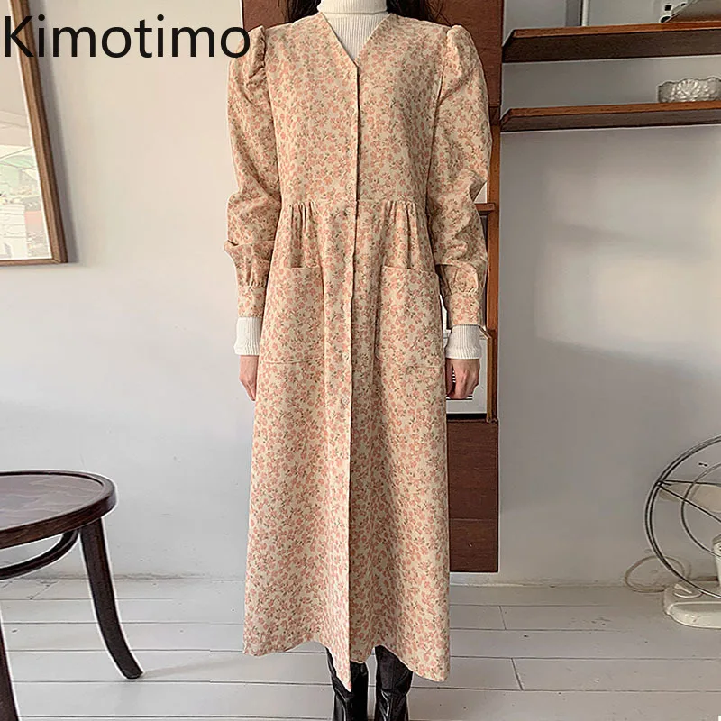 

Вельветовое платье Kimotimo с цветочным принтом, Осень-зима, французское ретро платье с V-образным вырезом, двойными карманами, свободные длинны...