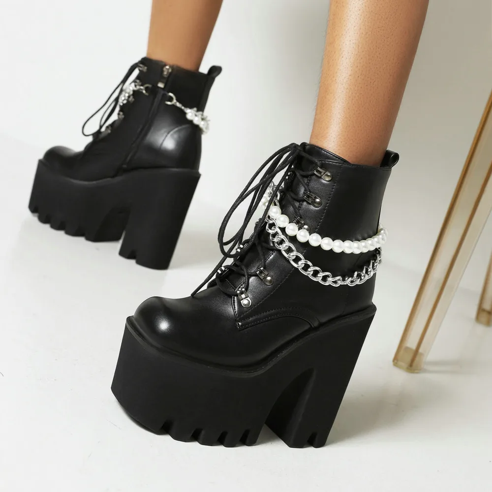 Gothic Black Ankle Motorcycle Boots Girls Autumn Winter 2021 Detachable Bead Chain PU Leather Wedges Dress Chunky Platfprm Shoes