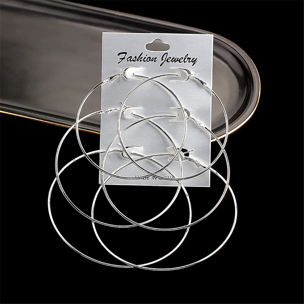 

3pair/set Oversize Big Circle Hoop Earring Set Silvery Women Simple Punk Round Earrings Party Jewelry Gift