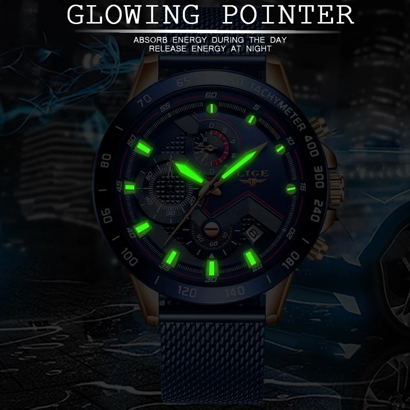 LIGE New Men Watch Luxury Brand Blue Mesh belt Wrist For Chronograph Army Military Quartz Watches Relogio Masculino | Наручные часы