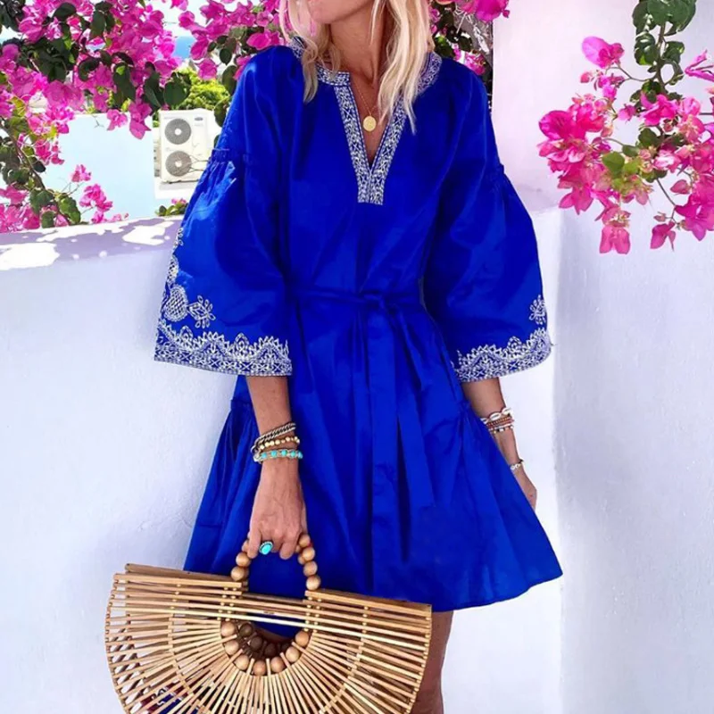 

Fashion Ruffle Women Spring V Neck Dress Elegant Embroidery Print Loose Mini Dress Summer Sexy Three-Quarter Sleeve Party Dress