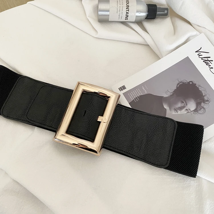 

Fashion Wide Women Belts Elastic PU Leather Cummerbund HOT Big Pin Buckle Gold Metal Waist Belt Waistband Dress Coat Lady Gifts