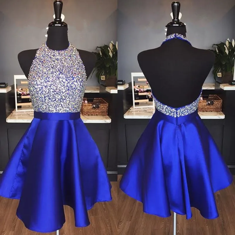 

Royal Blue Satin Backless Homecoming Dresses Jewel Halter Sequins Crystal Backless Short Prom Dresses Sparkly Red Party Dresses