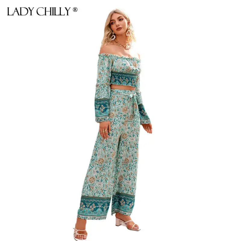 

Lady Chilly Bohemian Two Piece Sets Green Cotton Floral Print Crop Top Spring Long Sleeves Slash Neck Sets Suits Women Outfit