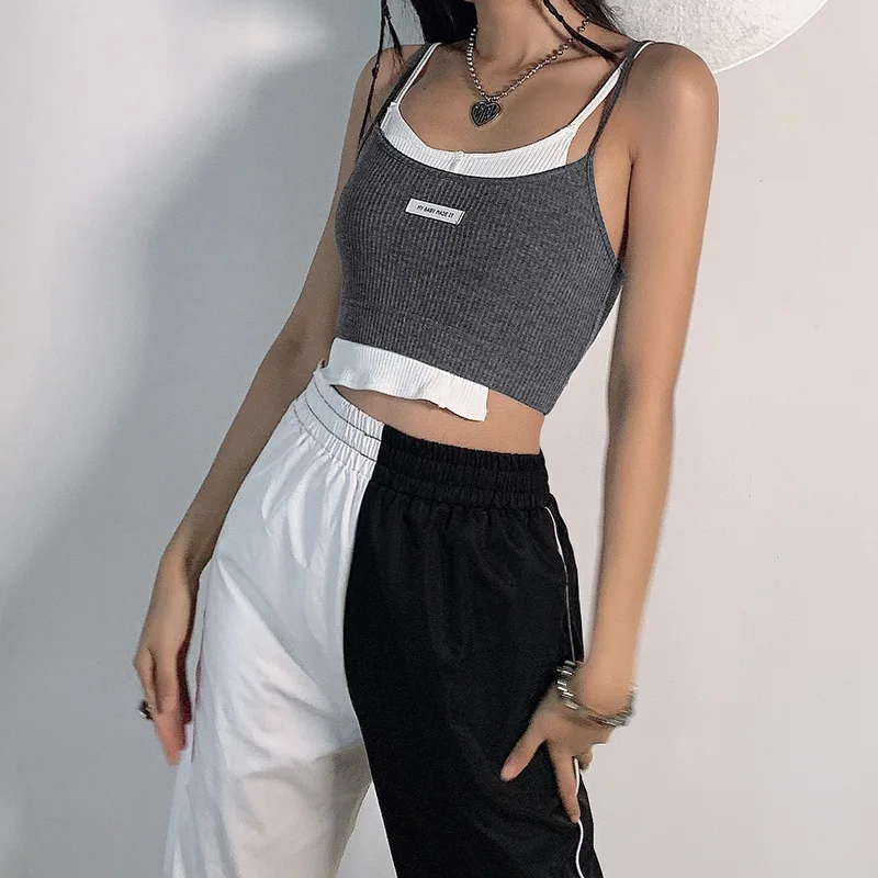 

Women's Personality Stitching Fake-two Tube Top Crop Corset Tank Cami Sleeveless Letter Halter Solid Color Y2k Aesthetic E-Girl