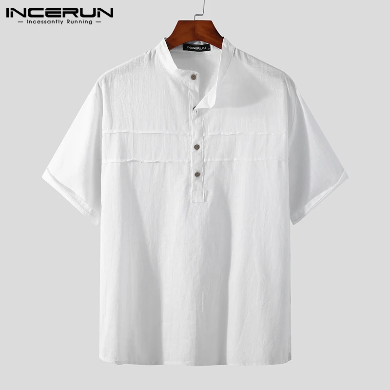 

Summer Men Shirt Stand Collar Cotton Short Sleeve Solid Color Casual Men Clothing Streetwear 2021 Vintage Leisure Camisa INCERUN
