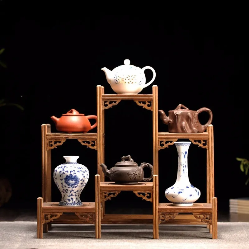 chinese kung fu tea pot crafts display holder shelves teapot tea set wood carving display stand decoration home tea accessories free global shipping