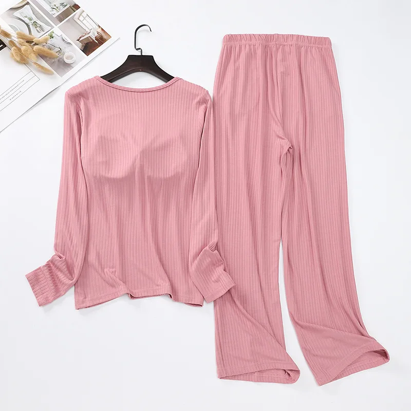 Fdfklak Modal Cotton Homewear Ladies Pajamas Free Bra Cup Long Sleeve Trousers Suit Casual Pyjamas Women Winter 2 Piece Set