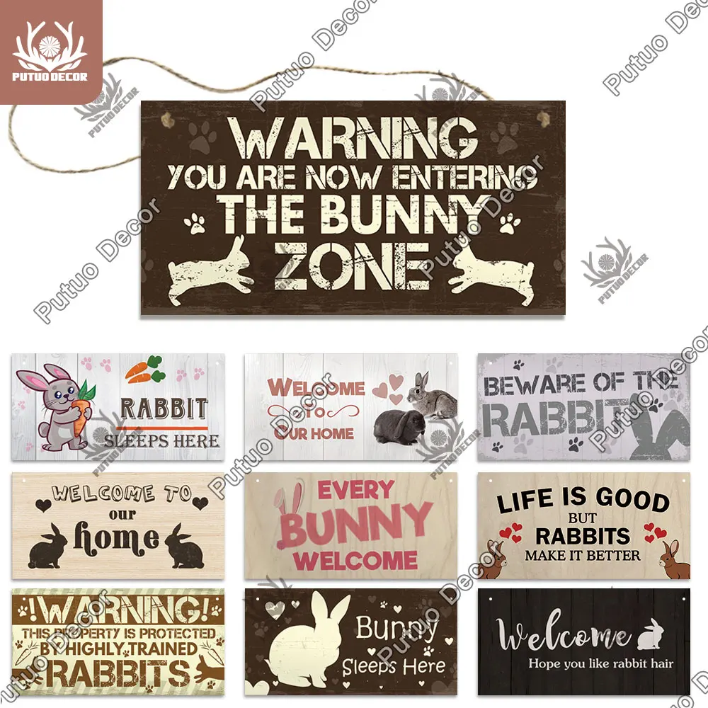 Putuo Decor Rabbit Signs Pet Gifts Plaque Wood Lovely Friendship Wooden Pendant for Pet Rabbit Houses Decor Home Decoration