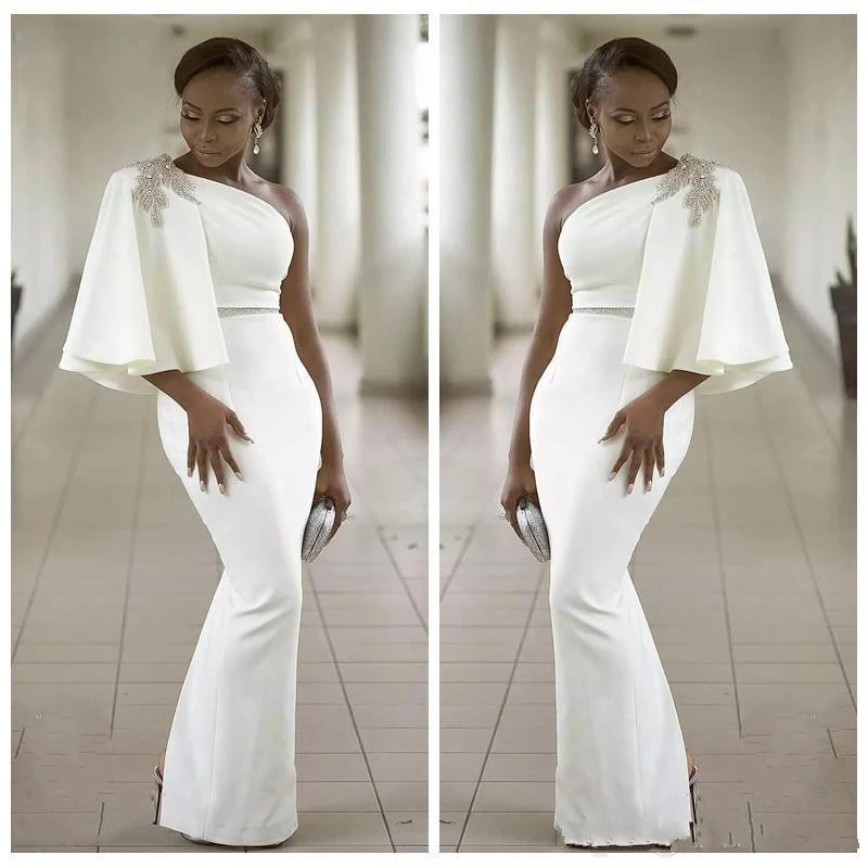 

White Evening Dresses 2020 One Shoulder Mermaid Formal Beading Crystals African Dubai Women Long Prom Robe De Soiree Gown