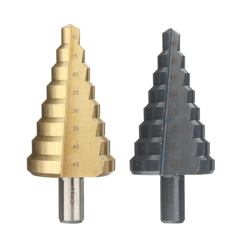 

Durable 10-45mm HSS Step Drill Bit Titanium or Nitride Coating Cone Drill Bit Hole Cutter Titanium Plated Step Drill Hand Tool