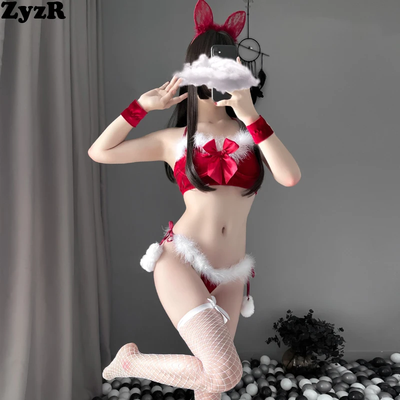 

ZyzR Christmas Women Furry Red Sexy Lingerie Uniform Halter Tube Top Underwire Underwear Temptation Pajamas Exotic Costumes