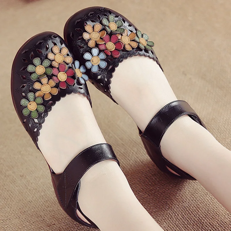 

Summer Sandals Close Toe Genuine Leather Retro Women Shoes Elegant Comfort Soft Sole Woman's Casual Flat Shoes Gifts for Mom