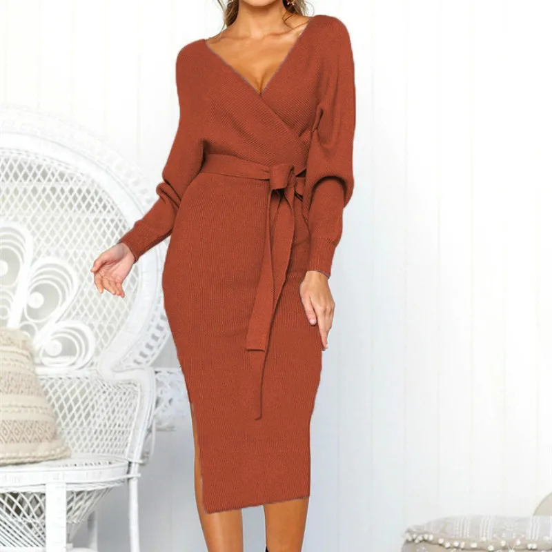 Женское вечернее платье миди с V образным вырезом однотонное Бандажное длинным