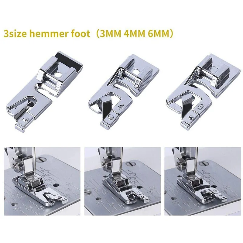 

3Pcs Narrow Rolled Hem Sewing Machine Presser Foot Set 3mm 4mm 6mm For Home