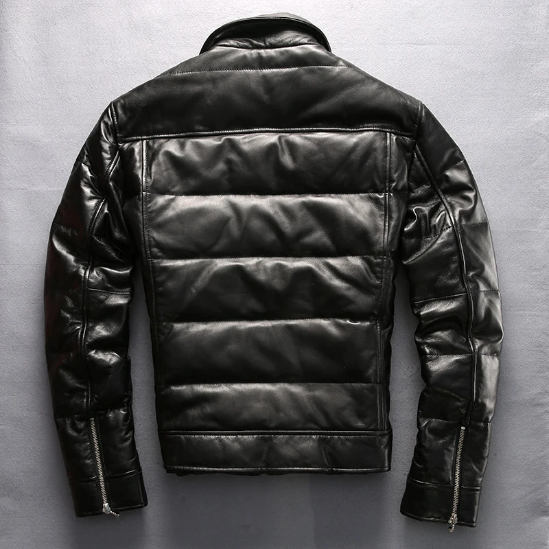 

Мужской кожаный пуховик с воротником-стойкой, Черный Повседневный пуховик из натуральной воловьей кожи, мотоциклетная куртка, зима 2021
