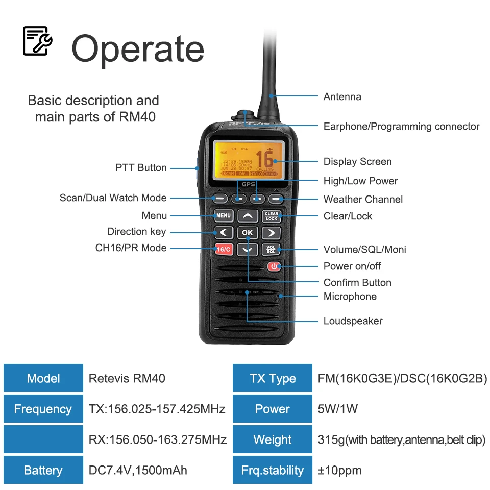 Retevis RM40 морская радиостанция диапазона VHF IPX7 водонепроницаемый двухсторонний