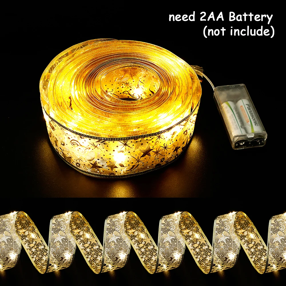 

50 LED 5M Double Layer Fairy Lights Strings Christmas Ribbon Bows With LED Christmas Tree Ornaments New Year Navidad Home Decor