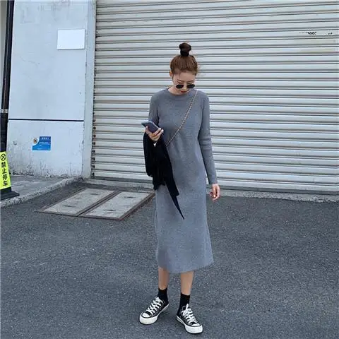 

Retro Long-Sleeved Knitted Dress Autumn Winter Long over the Knee Dresses for Women Vestido De Mujer