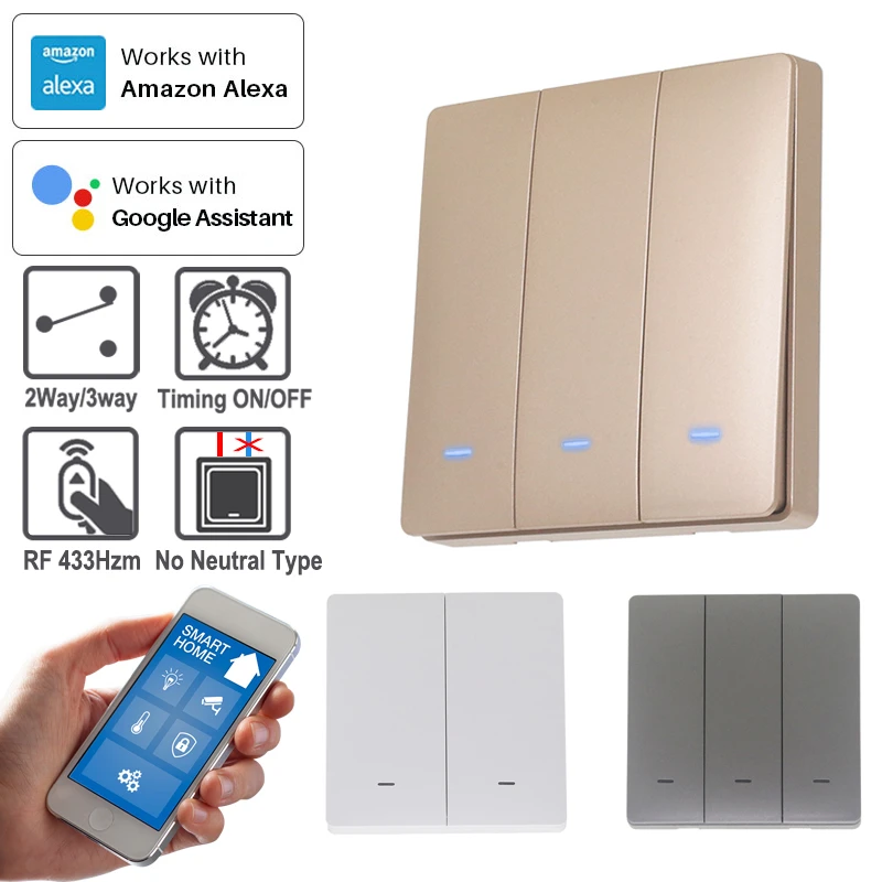 (Без нейтрального) Wi-Fi + RF433 Кнопка освещения настенный выключатель 3-цветный синий