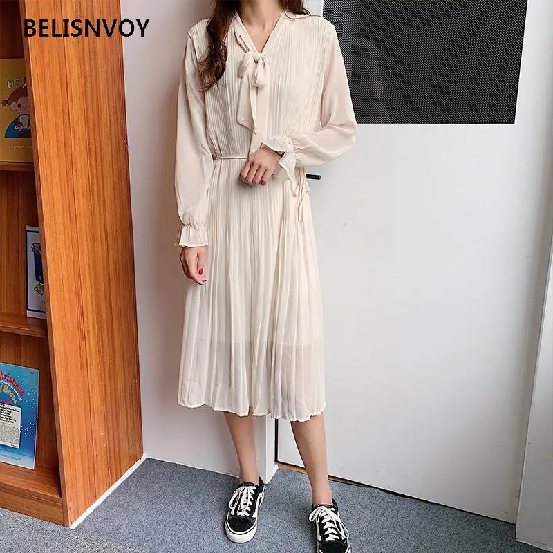 Корейский Стиль шик шифоновое элегантное женское платье на весну-осень платья с