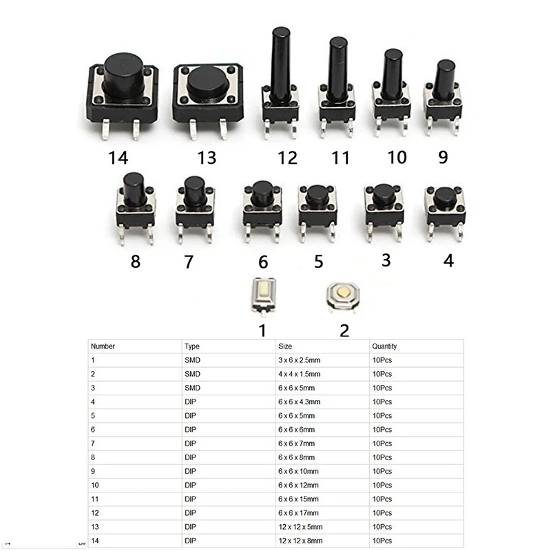 140PCs 14 Types Momentary Tactile Push Button Switch Micro SMD Switches Kit | Обустройство дома