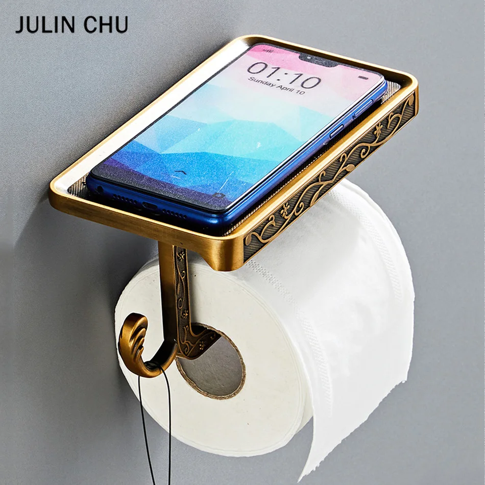 

Antique Toilet Paper Holder with Phone Shelf White Black Space Aluminum WC Paper Rack Hook Roll Tissue Hanger Kitchen Bathroom