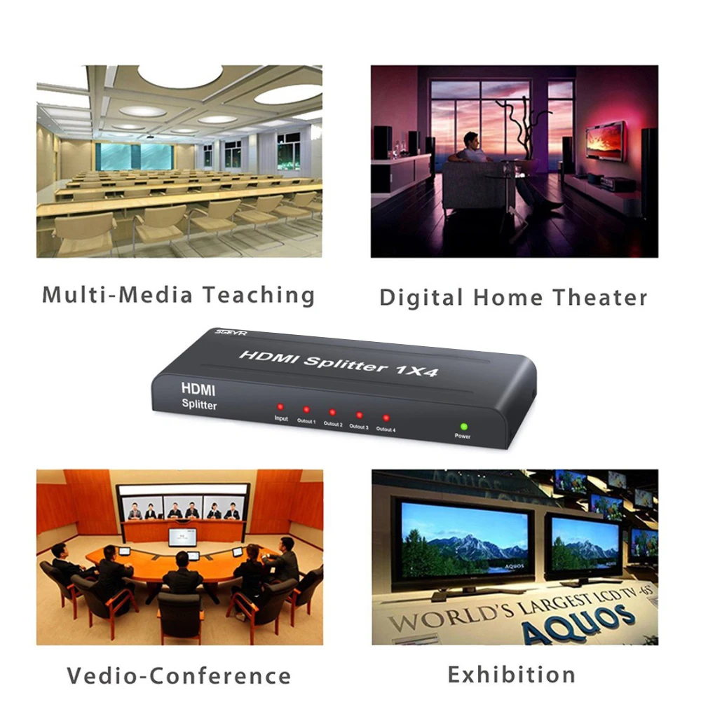 1x4 HDMI сплиттер 1 в 4 Выход с питанием Full HD 1080P (один Вход до четырех выходов) источник