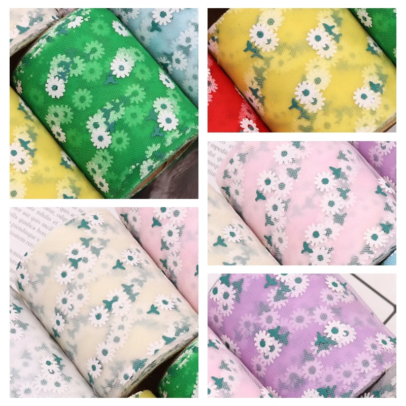 10 ярдов каваи ромашка печать Тюль ленты рулон 9 цветов для упаковки подарков