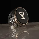 Мужское кольцо серебряного цвета, ониксовый камень, сидил Люцифера, дьявол, уплотнение сатаны, кольцо