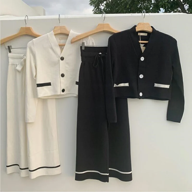 

Женский трикотажный костюм из Свитера и брюк, однобортный Кардиган с длинным рукавом и брюки с широкими штанинами, осень 2021