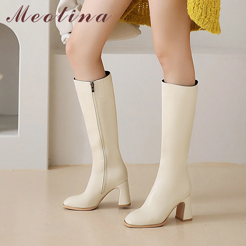 

Meotina Women Shoes Fashion Boots Thick High Heel Knee High Boots Round Toe Zipper Ladies Boots Autumn Winter Black 34-46