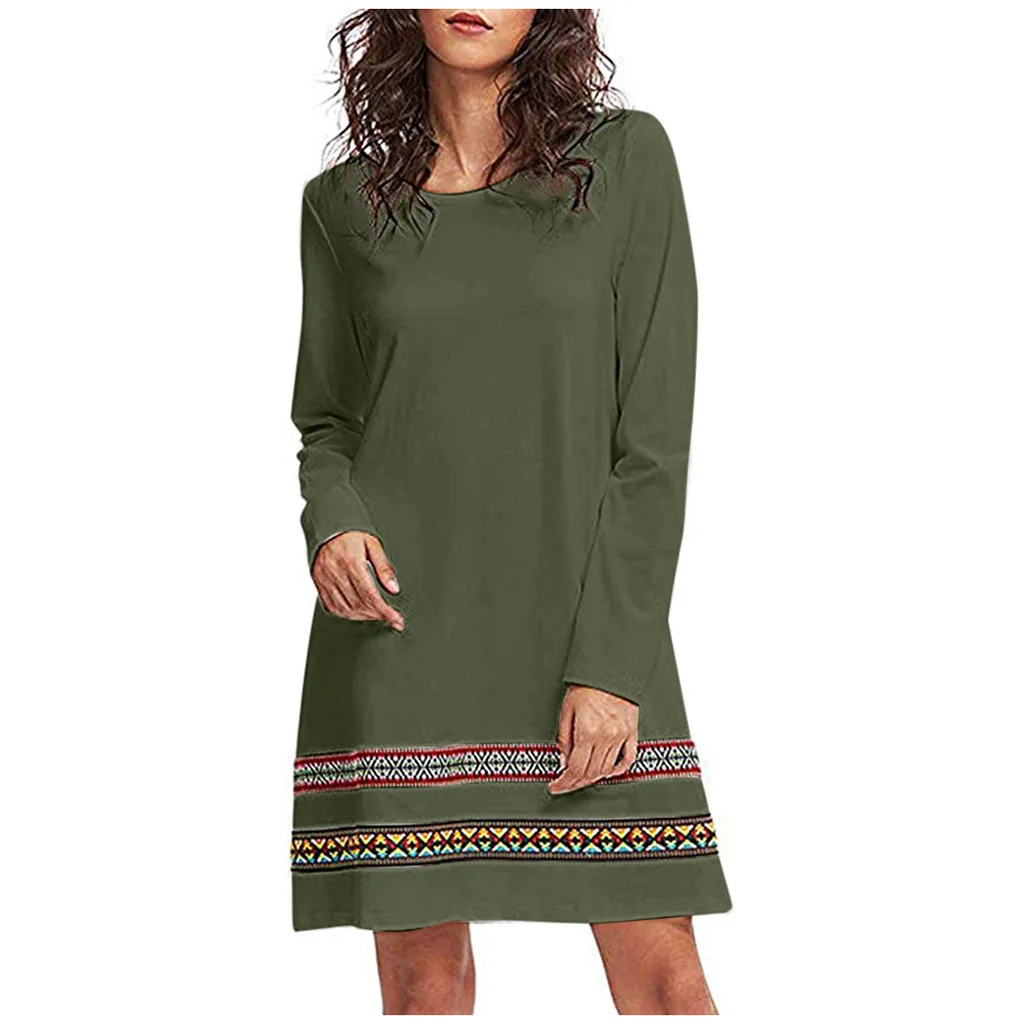 Осенне зимнее женское платье с круглым вырезом и длинными рукавами Однотонное