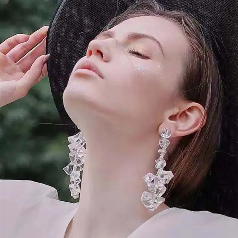 

2019 New Irregular Geometric Transparent Crystal Personality Design Long Drop Earrings for Women Girls Jewelry Gifts for lover