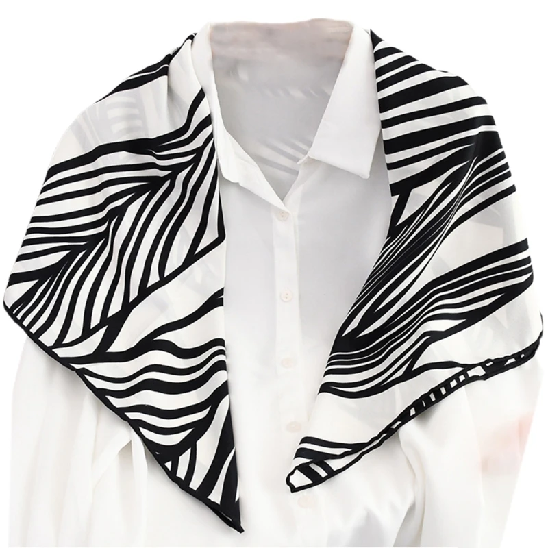 

90cm Women Silky Square Scarf Minimalist Striped Printed Shawl Wrap Neckerchief Vintage Bandana Hijab Handle Ribbon