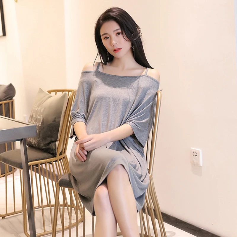 

Nightdress summer cotton loose large size fat mm pijama wear home clothes sexy female bat sleeves off-shoulder dress Sleepwear