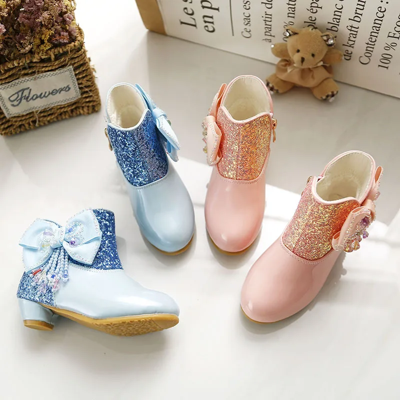 

Fashion Short Boots Girl 2021 Autumn Winter New Sequined Bow Children Shoes Side Zipper Girls Boots Beaded Pendant Princess Shoe