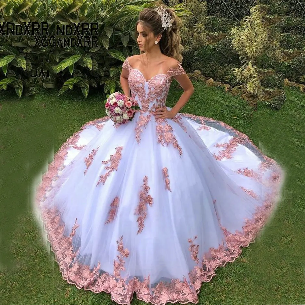 

Белое платье для Quinceanera, розовое кружевное бальное платье с аппликацией 2022, платье для выпускного вечера, милое праздничное платье на день р...