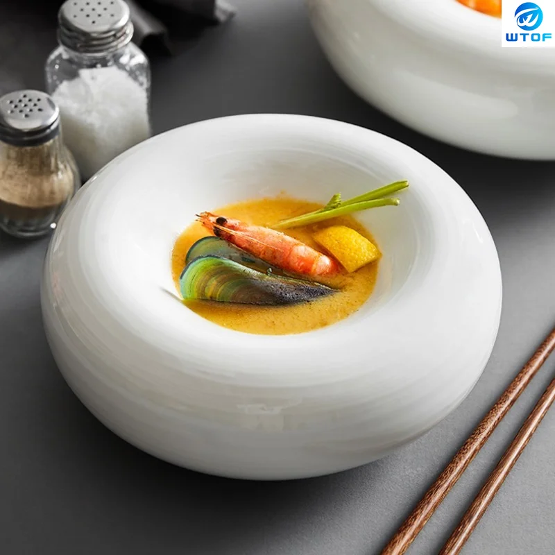 

White Ceramic Dinner Plate Restaurant Decoration Tableware Dishes Round Shape Thick Bowl Fruit Salad Bowl Dessert Snack Plate