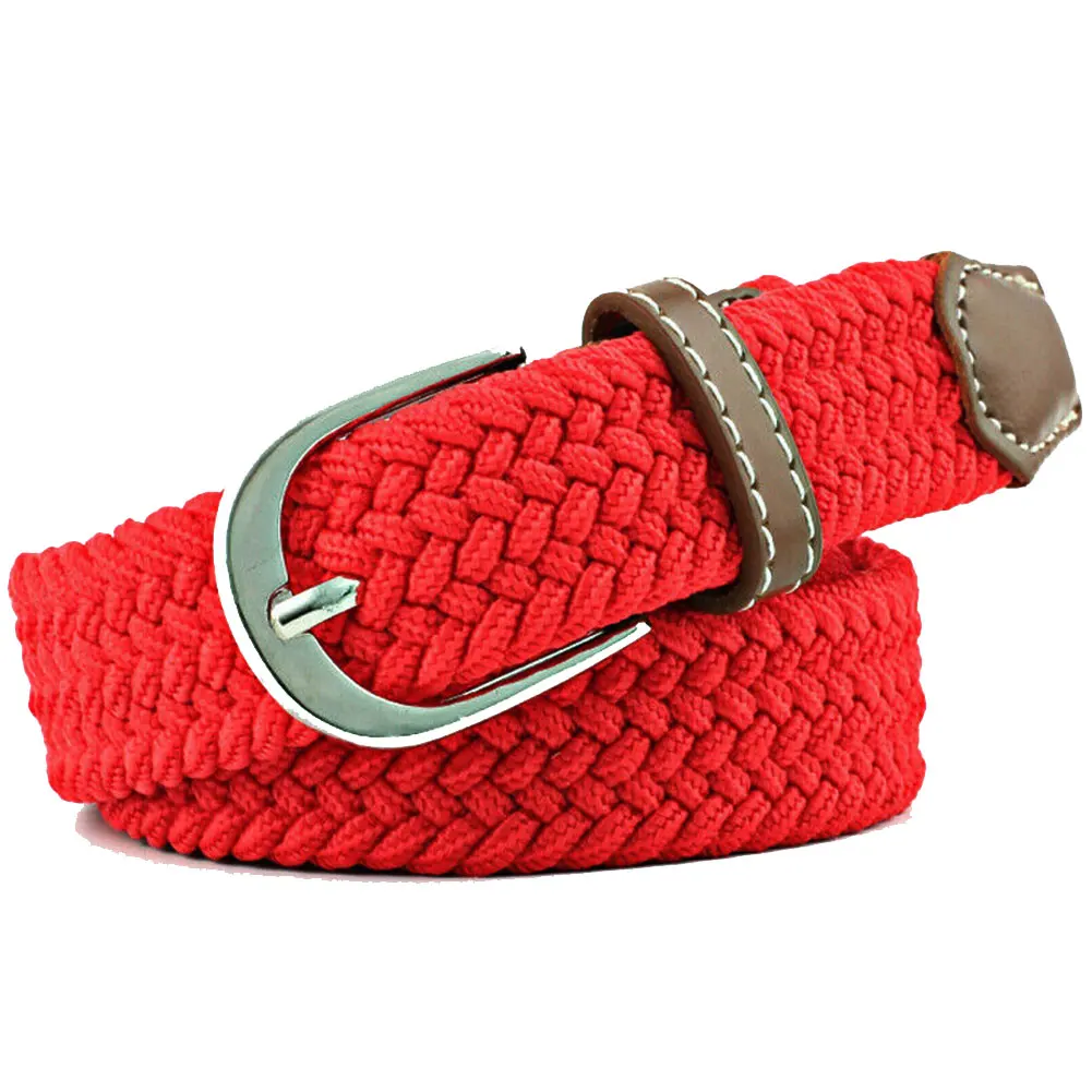 

Unisex Canvas Webbing Slim Belt Leather Trim Elastic Woven Braided Waistband K2