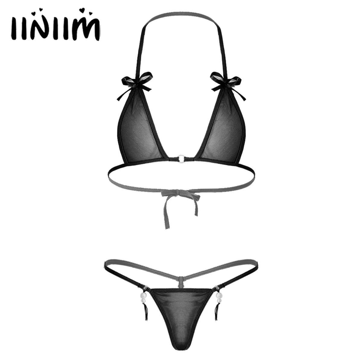 

Women Micro Bikini Set Solid Color See-through Mesh Bikini Underwear Swimwear Halter Lace-up unlined Bra Top with Monokini Thong
