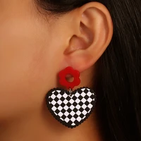 women red flower earrings black white grid heart vintage earrings acrylic round stud earrings long pendant dangle earrings jewel