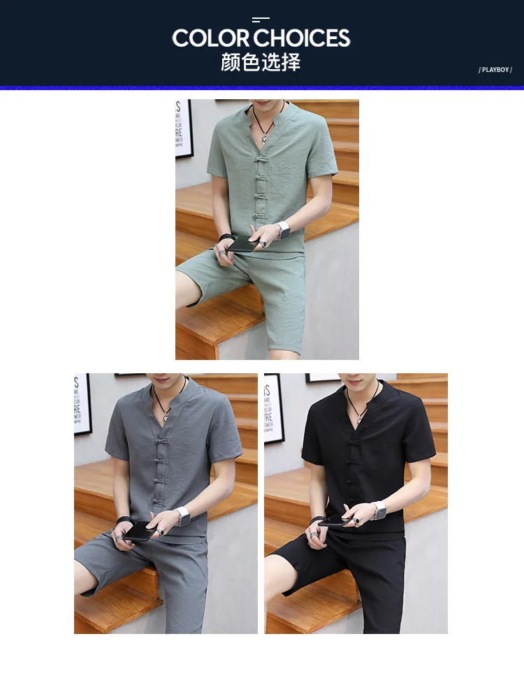 Summer Clothes Men 2 Pieces Sets VogueShorts And Short-sleeved Buckle T Shirt Men Breathable Slim Fit V Neck Linen Suits