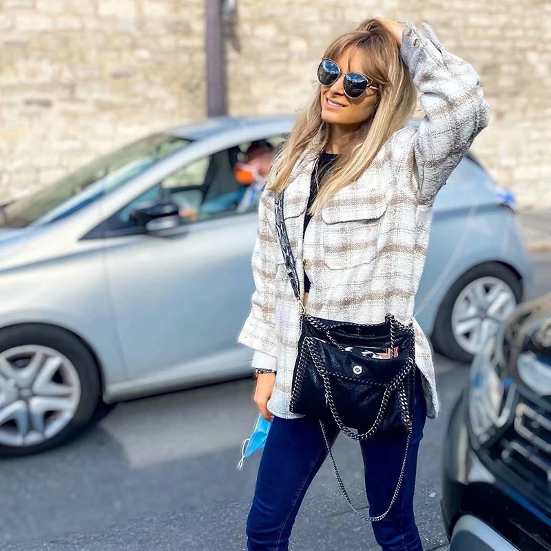 

High quality ladies plaid printed shirt long sleeve lapel top thickened knitted blouse casual outwear