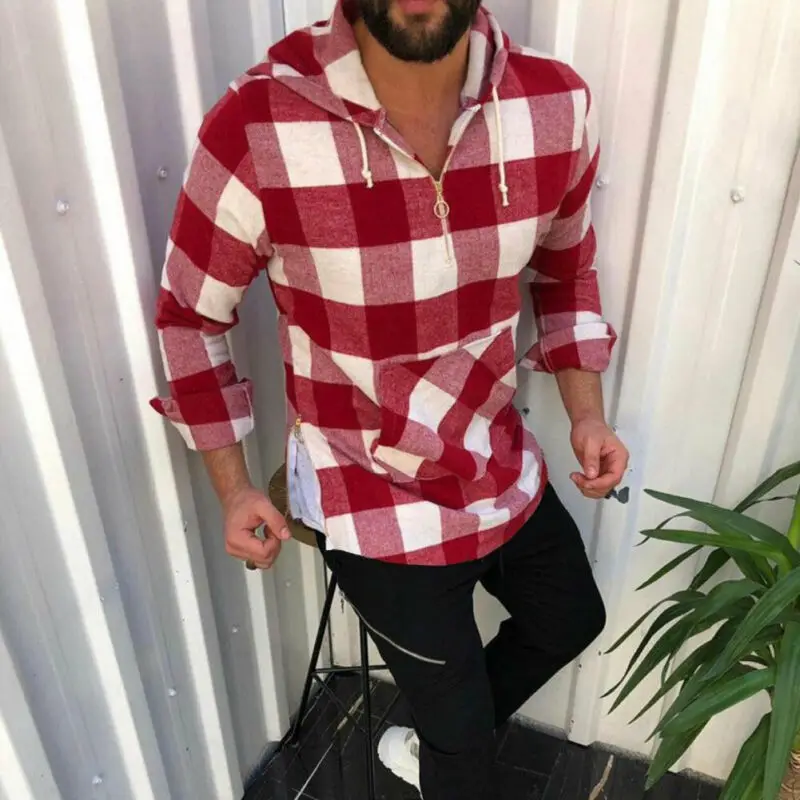Camisa высокое качество мужские рубашки осень 2019 клетчатая рубашка с капюшоном
