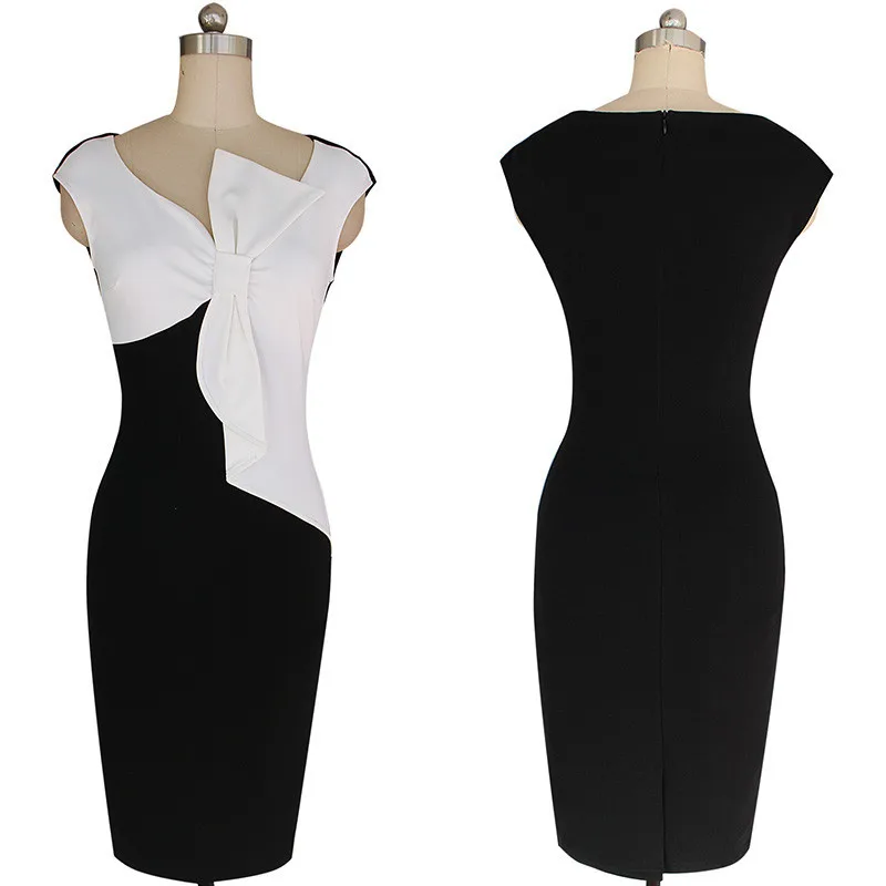 Черно-белое лоскутное облегающее платье с бантиком элегантная женская офисная