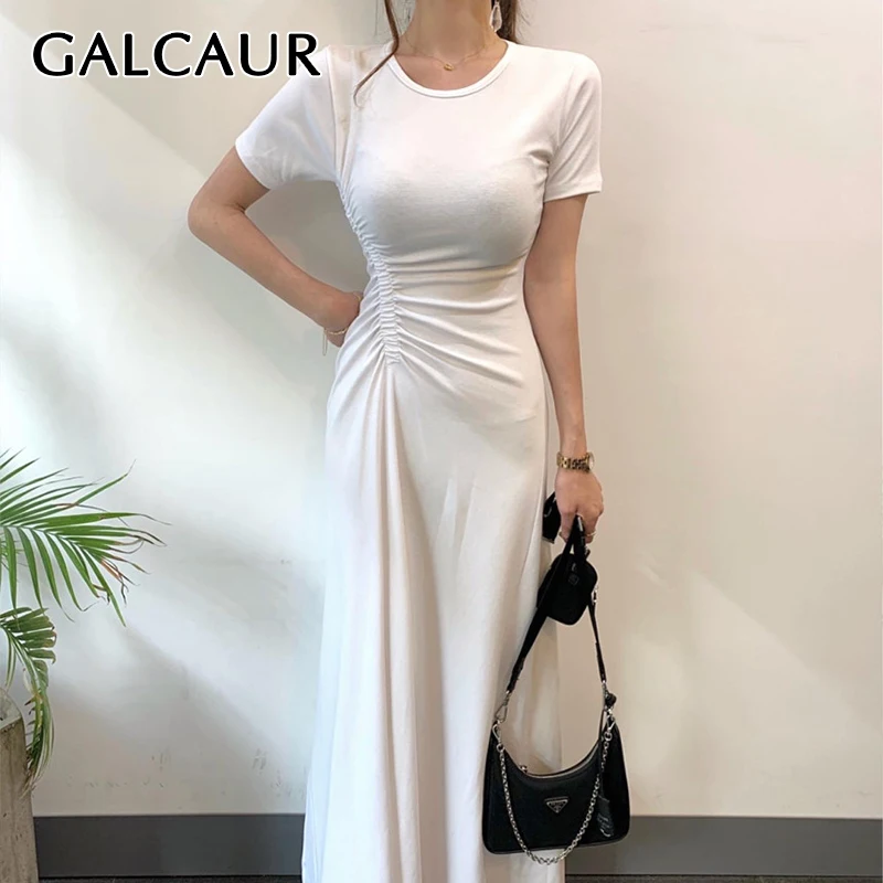 

Повседневное белое платье GALCAUR для женщин, плиссированные платья до щиколотки с круглым вырезом и коротким рукавом, с высокой талией и разре...