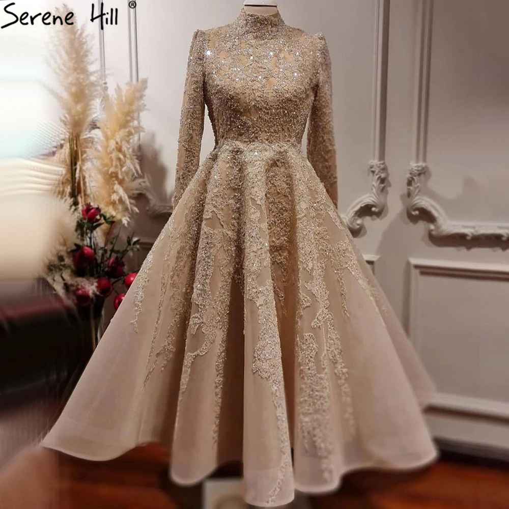 Мусульманская Обнаженная водолазка кружевные вечерние платья с бисером 2021