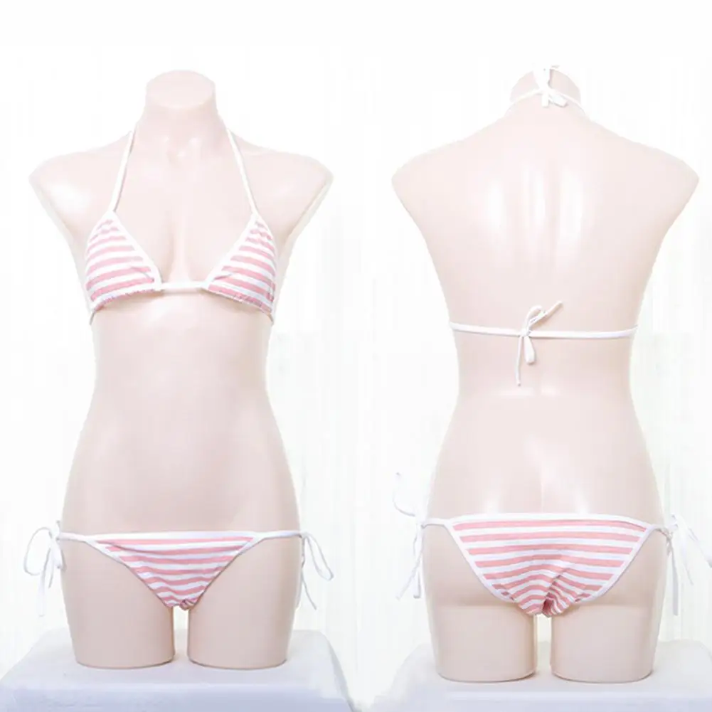 

Women Sexy Bikini Triangle Color Stripe Lace Up Bra Panties Briefs Underwear Set